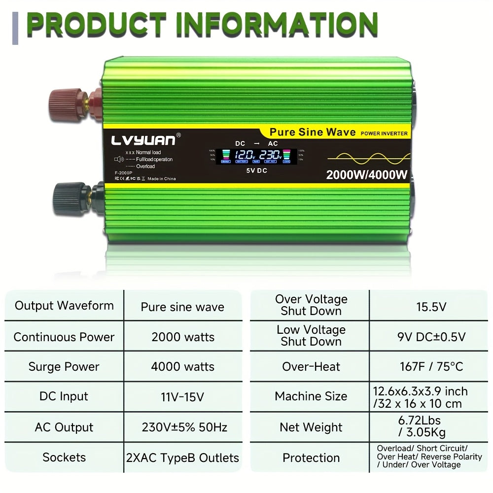 Omvormer – Spanningsomvormer – Stroomomvormer – Inverter – Converter – 2000W Zuivere Sinusgolf – 2x Stopcontacten & 4x USB Poorten