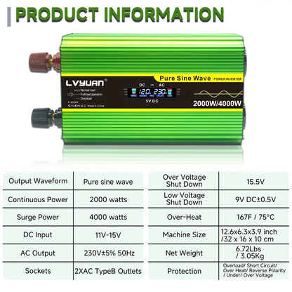 Zuivere Sinusgolf Omvormer – Stroomomzetter – DC-AC Converter – Spanningsomzetter – 24V Omvormer – 2000W Continu Vermogen – Draadloze Afstandsbediening & LCD Display