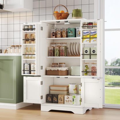Sideboard, Crockery Cabinet with Adjustable Shelves | Upper Section for Food, Dishes, Spices; Lower Section for Appliances like Microwaves; Suitable for Kitchens, Dining Rooms, Living Rooms; White, Metal, Floor Mount, Modern