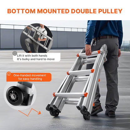 Telescopische A-frame Ladder – Uitschuifladder – Opklapbare Ladder – Multifuntionele Trap – Stevige Aluminium Ladder Zilver – Max Hoogte 2,88 Meter – Geïntegreerde Wieltjes Voor Eenvoudig Transport