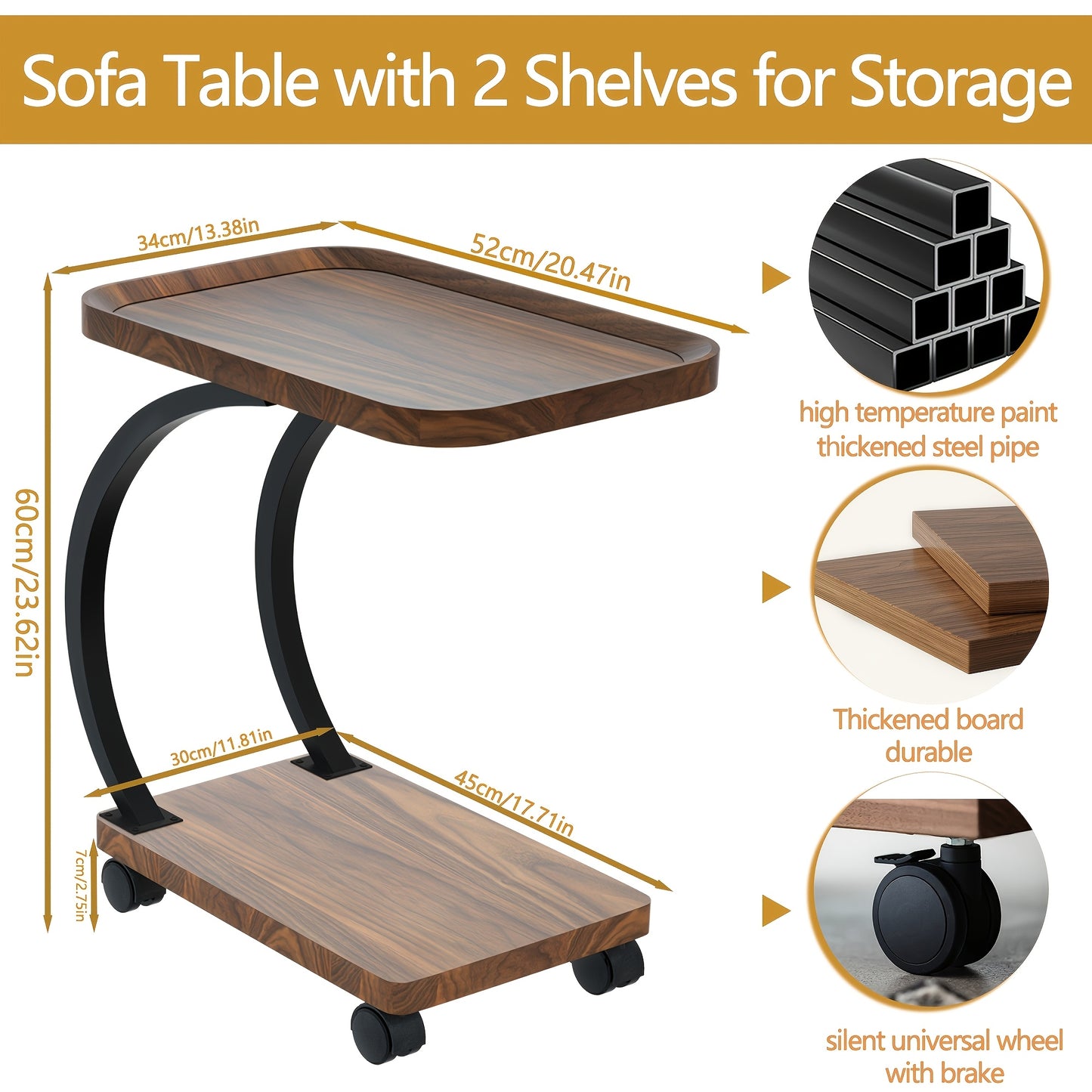 Bijzettafel – Sofa Tafel – Banktafeltje – Nachtkastje – Zijtafel – Vintage Design – Hout & Metaal – Wieltjes – Dubbel Plank – Walnoot – Geen Elektriciteit