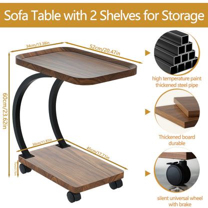 Bijzettafel – Sofa Tafel – Banktafeltje – Nachtkastje – Zijtafel – Vintage Design – Hout & Metaal – Wieltjes – Dubbel Plank – Walnoot – Geen Elektriciteit