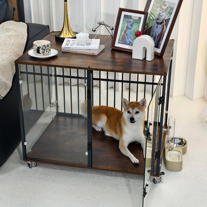 Bingopaw Dog Crate Furniture, 73cm Tempered Glass Dog Crate, Modern Indoor Dog Crate, Suitable for Small/Medium/Large Dogs Weighing No More Than 80kg, Side Table, Home Dog Crate, 77x 60 x 65cm, with 4 Brake Wheels, 360° No B