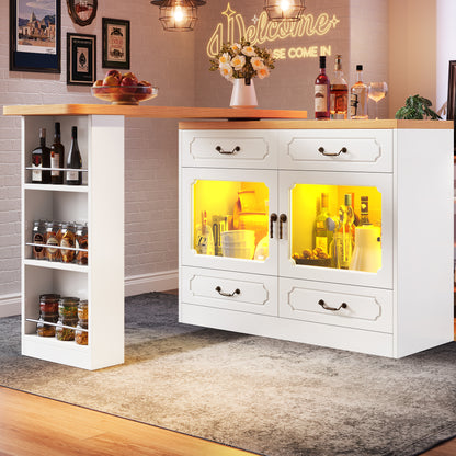 Uitschuifbare Bartafel – Barmeubel – Hoogtafel – Drinktafel – Bistrotafel – 360° Draaibaar Blad – Ruime Opbergruimte – Modern Wit Metaal & Glas – Compact & Verstelbaar 135-203 cm