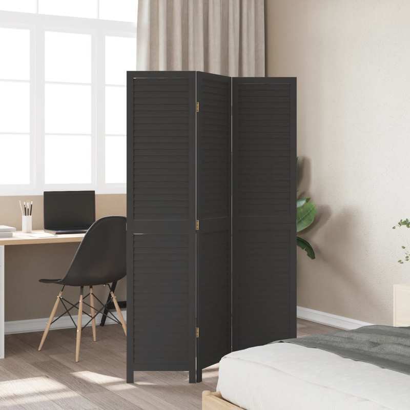 Room Divider with 3 Panels Made of Solid Black Paulownia Wood