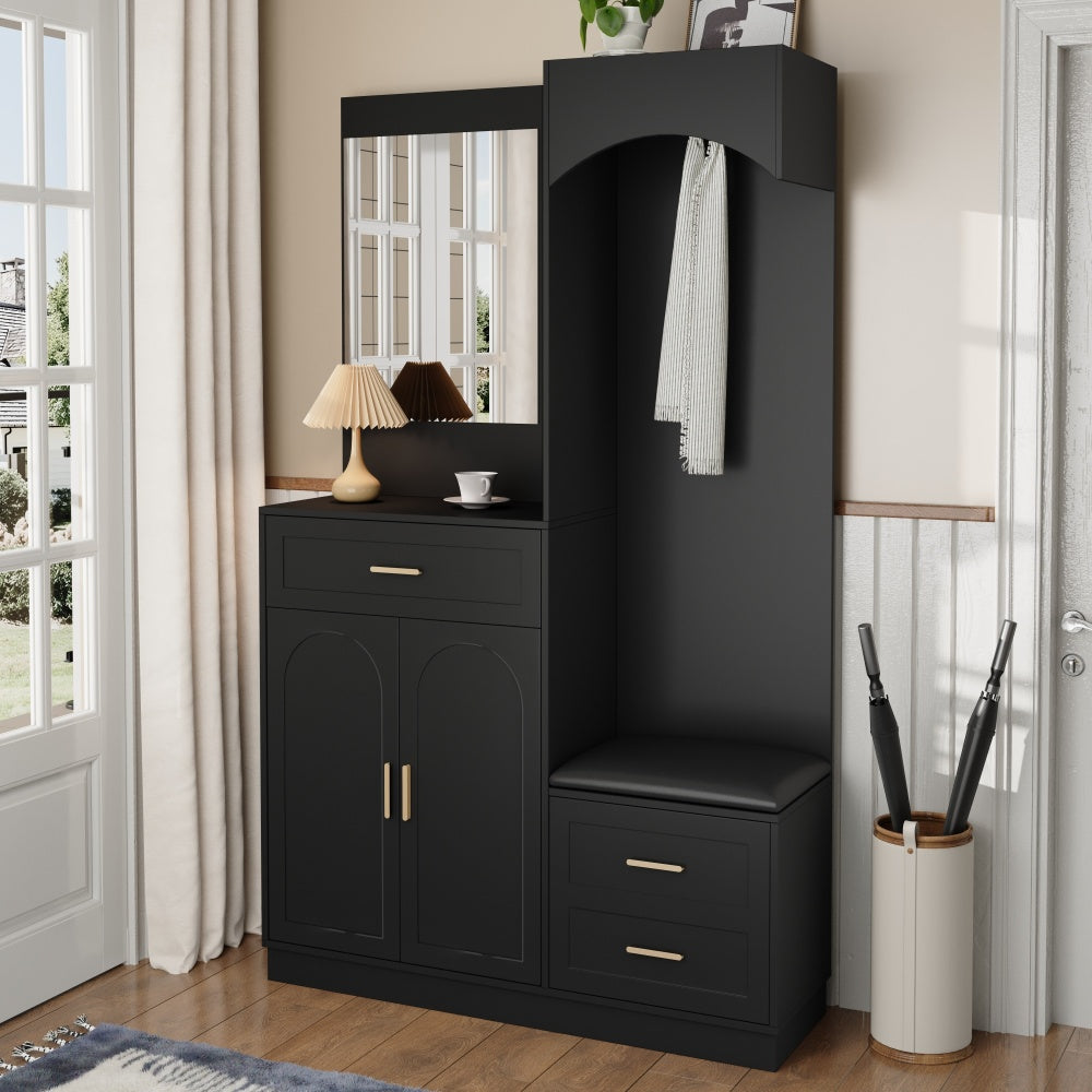 Schoenenkast – Schoenenrek – Halmeubel – Opbergkast – Schoenenopberger – Zwart met Gouden Accenten – Verticale Ruimtebesparende Kast Met Spiegel en Laden