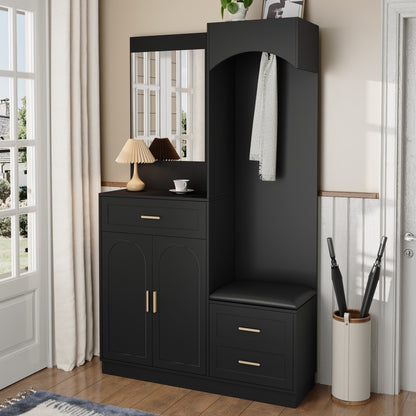 Schoenenkast – Schoenenrek – Halmeubel – Opbergkast – Schoenenopberger – Zwart met Gouden Accenten – Verticale Ruimtebesparende Kast Met Spiegel en Laden