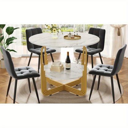 Eettafel – Ronde Tafel – Dinertafel – Keukentafel – Bistrotafel – Wit Marmerlook Blad – Goudkleurig Metalen Frame – Ø 80 x 76 cm – Inclusief Opbergplateau