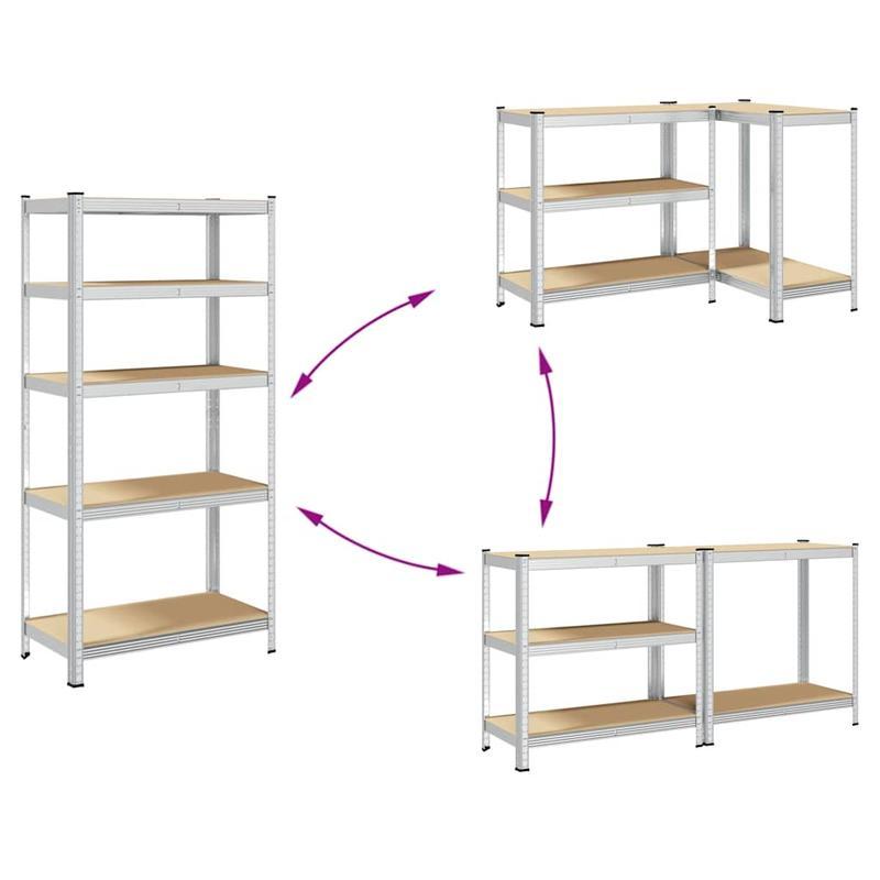 5-laags Opbergrek – Opbergkast – Stelling – Plank – Vakkenkast – Set Van 2 – Zilverkleurig Staal – Gelamineerd Hout