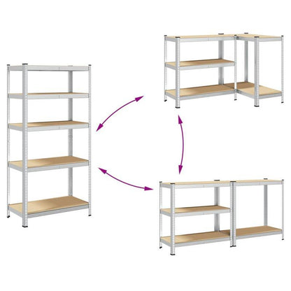 5-laags Opbergrek – Opbergkast – Stelling – Plank – Vakkenkast – Set Van 2 – Zilverkleurig Staal – Gelamineerd Hout
