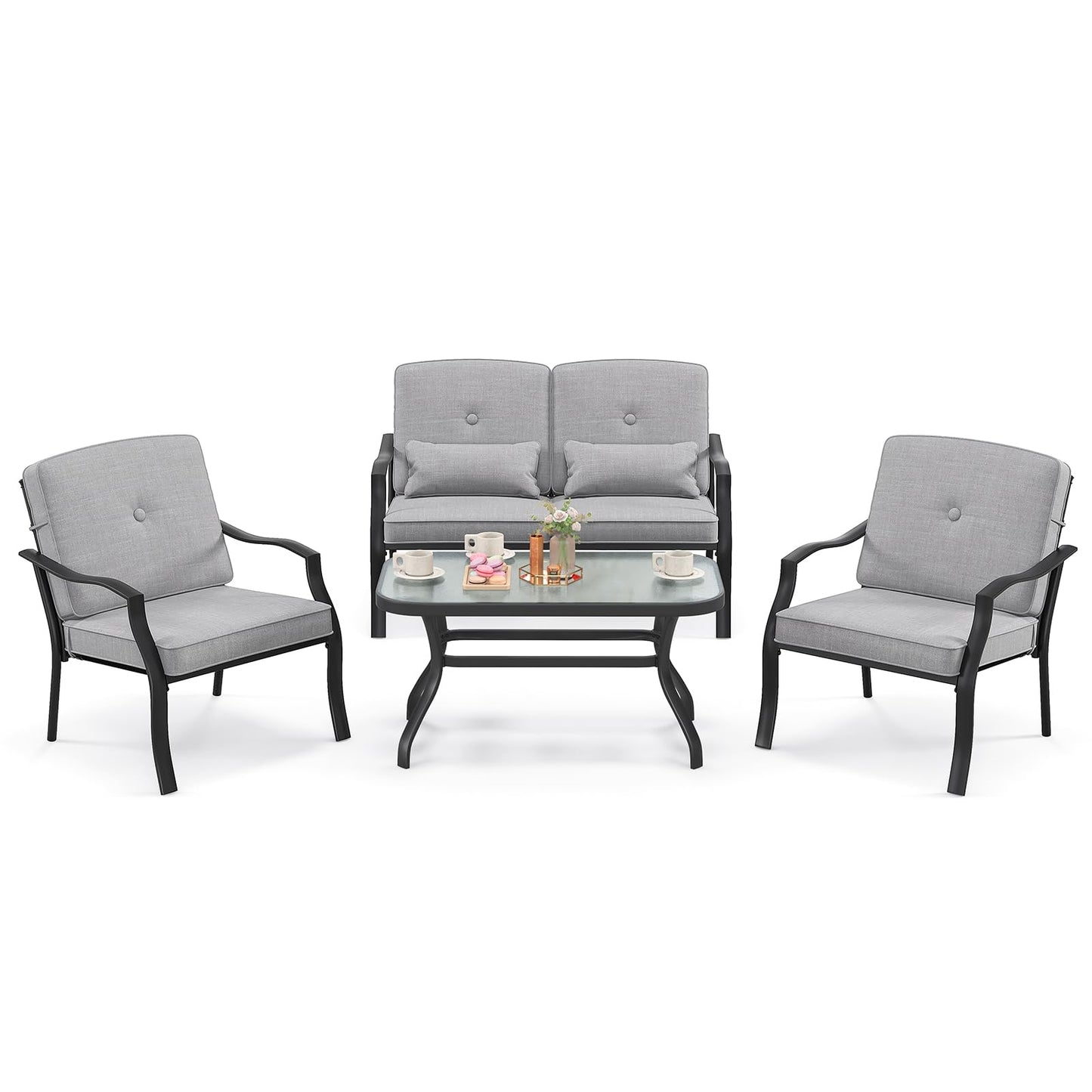 Tuinmeubelset – Loungeset – Tuinbank – Tuinstoelen – Salontafel – Zwart Metalen Frame – Comfortabele Grijze Kussens