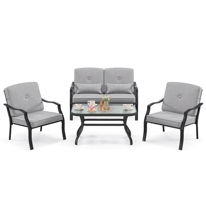 Tuinmeubelset – Loungeset – Tuinbank – Tuinstoelen – Salontafel – Zwart Metalen Frame – Comfortabele Grijze Kussens
