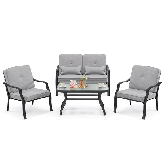 Tuinmeubelset – Loungeset – Tuinbank – Tuinstoelen – Salontafel – Zwart Metalen Frame – Comfortabele Grijze Kussens