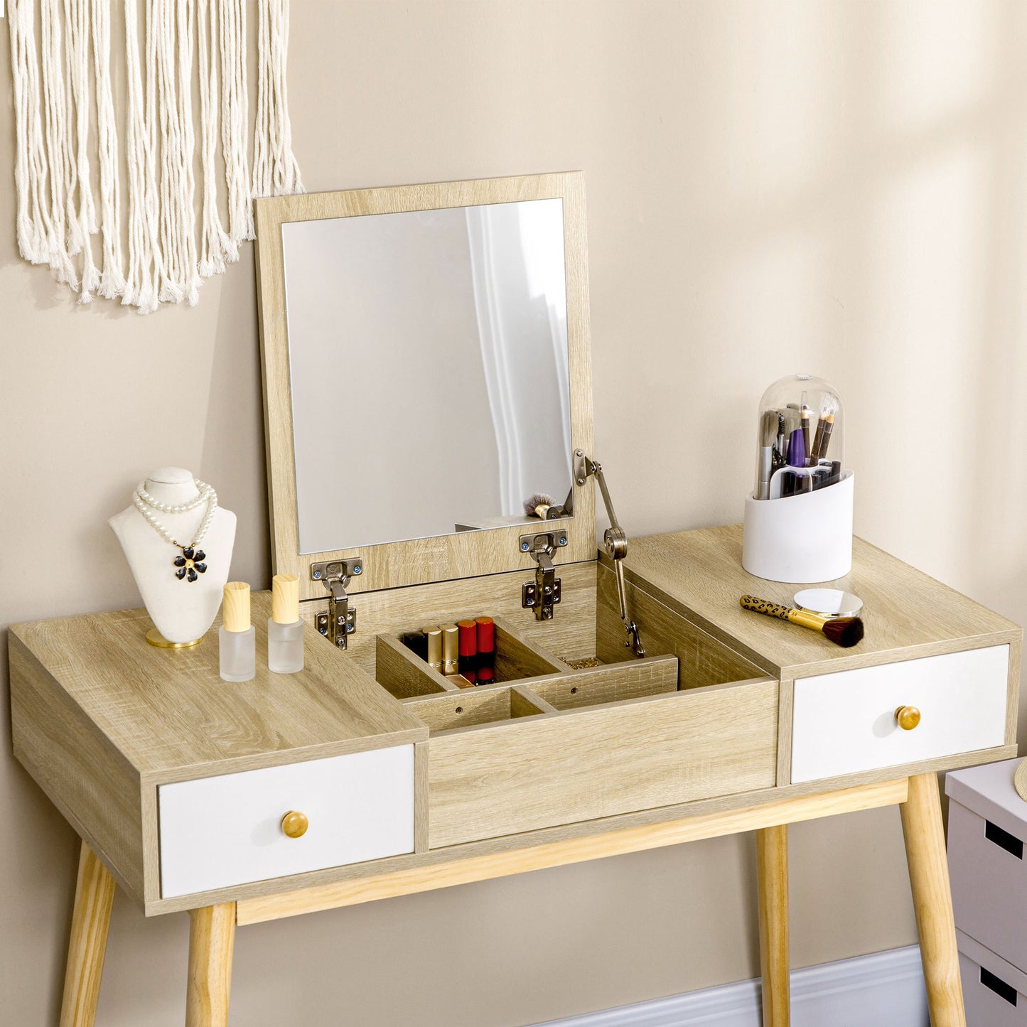 Make-up tafel – Kaptafel – Schminktisch – Vanity tafel – Make-up bureau – Scandinavisch design – Inklapbare spiegel – 2 laden – Natuurlijk hout – 100x45x118 cm