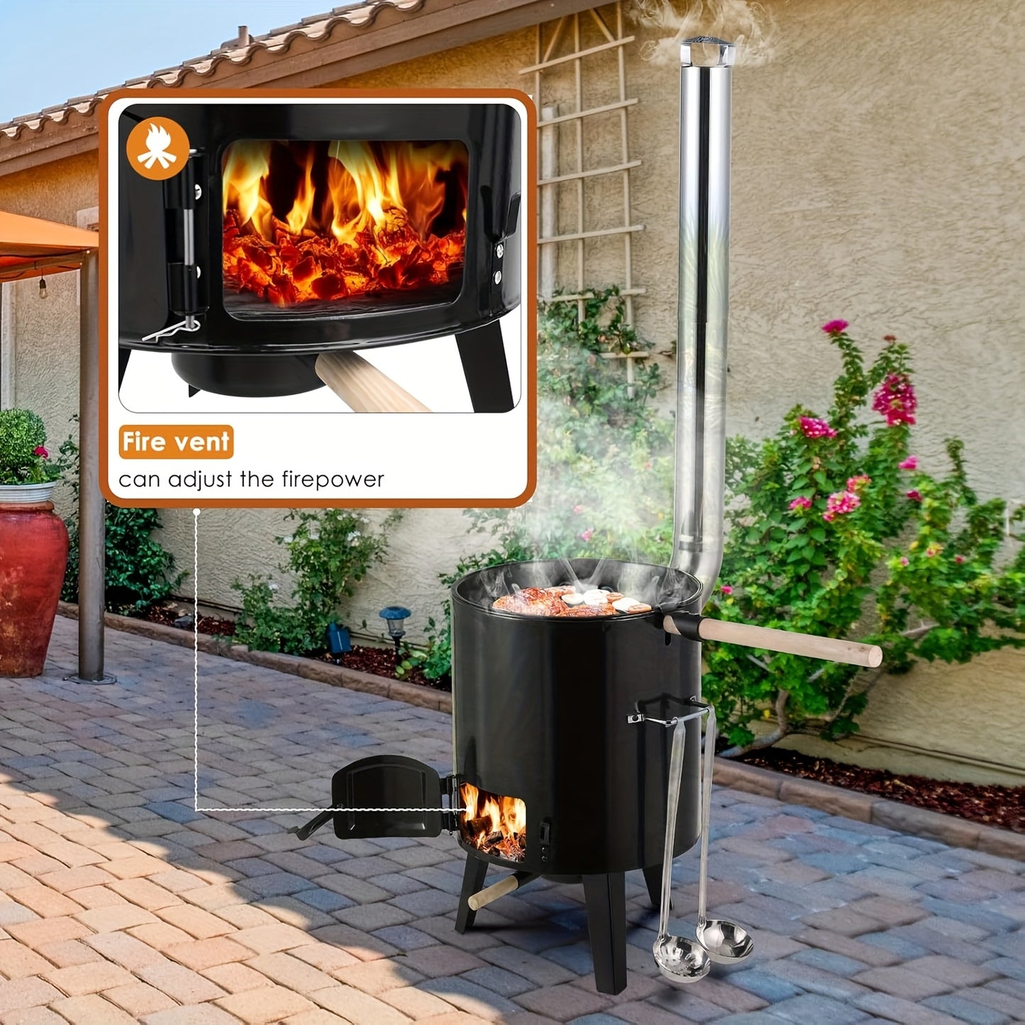 Gourmetstel – Raclette – Gourmetset – Fondue – Tafelgrill – Buitenoven met 17L + 8L geëmailleerde pannen – Ingebouwde thermometer & verstelbare ventilatie