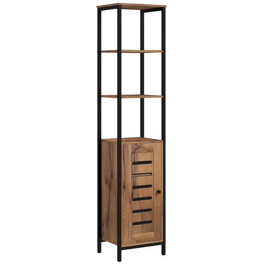 Badkamerkast – Kolomkast – Opbergkast – Toiletkast – Badmeubel – Industrieel Design – 37x30x167 cm – MDF met Stalen Frame – Verstelbare Planken & Ventilerende Lattendeur – Kastanje Bruin