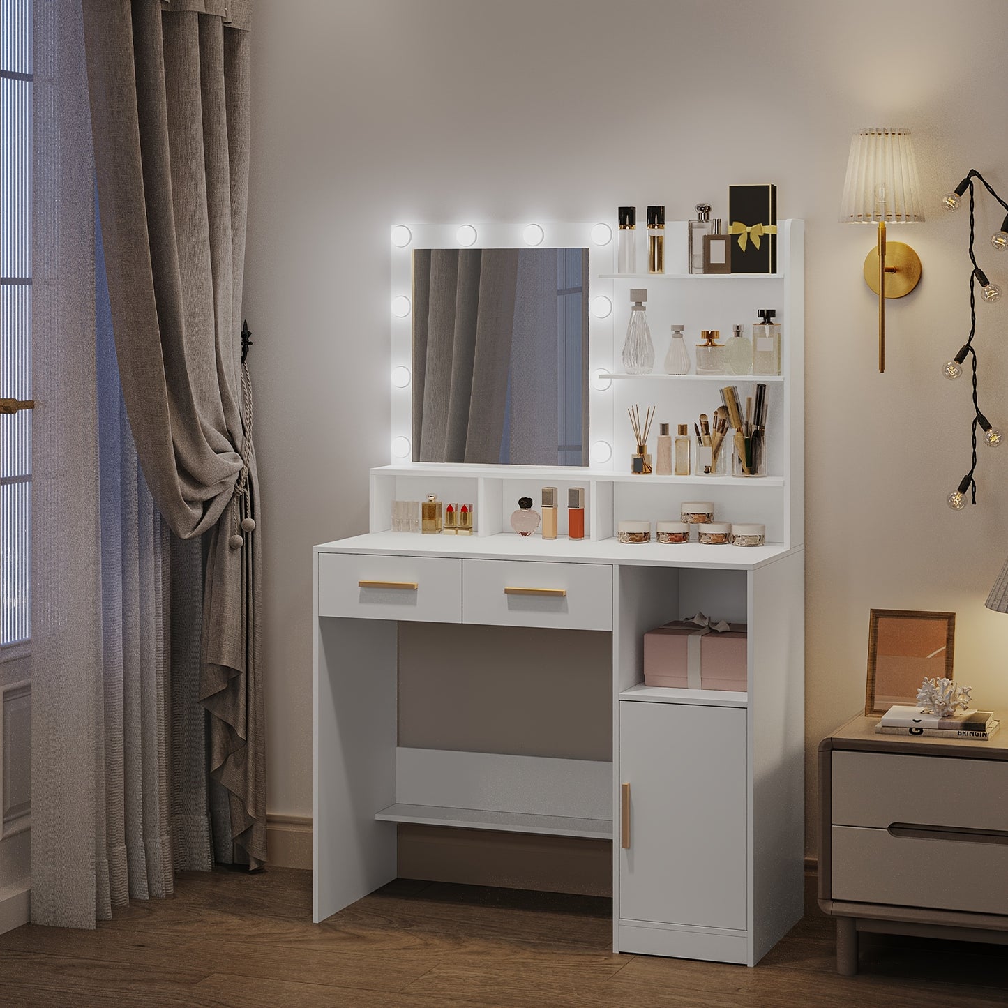 Dressing Table With Mirror And 10 LED Lights, Adjustable Brightness, Dressing Table With 2 Drawers & 1 Cabinet, 3 Shelves & 4 Open Compartments, White