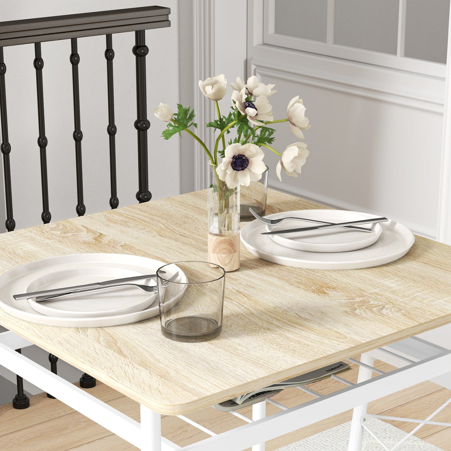 Eettafel – Tafel – Keukentafel – Dinertafel – Zitmeubel – Stalen Frame – 2 Stapelbare Stoelen – Wit en Eikenhout – Compact en Ruimtebesparend