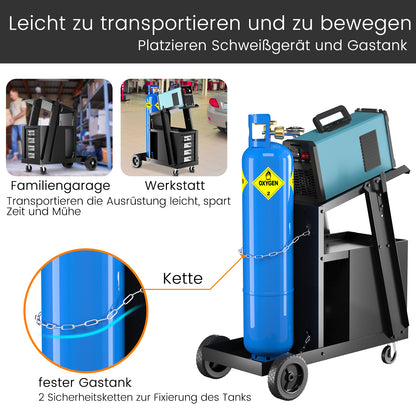 Laswagen – Lastewagen – Lasgereedschapwagen – Mobiele Lastrolley – Zwart – 4 Laden – Gasflesberging met Veiligheidsketting – Stevig Metalen Frame
