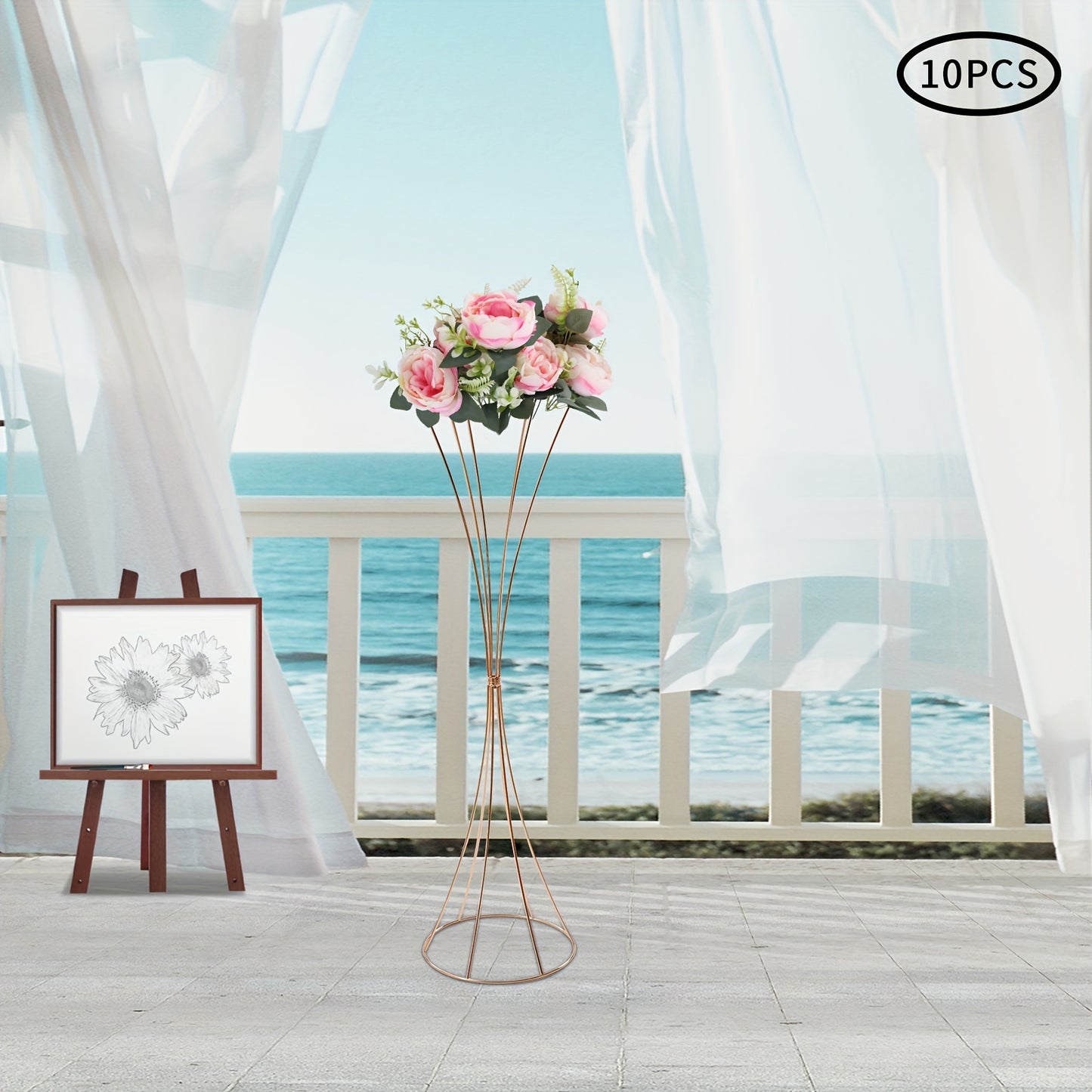 Glazen Vaas – Tulpenvaas – Bloemvaas – Decoratievaas – Wedding Centerpiece – Gouden Metalen Frame – 80 cm Hoogte – Set van 10 Stuks