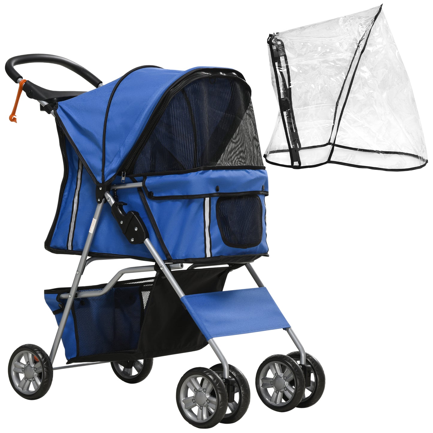 Dog Buggy Dog Cart Up to 10 Kg Foldable Rain Cover Floor Basket 2 Cup Holders 75 Cm X 45 Cm X 97 Cm, Blue