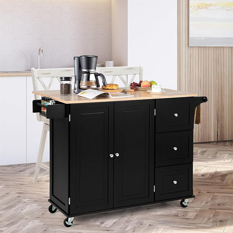 Keukentrolley – Serveerwagen – Keukenwagen – Opbergtrolley – Keukenrek – Met Wieltjes – Inklapbaar Rubberhouten Werkblad – 3 Verstelbare Planken & 3 Lades
