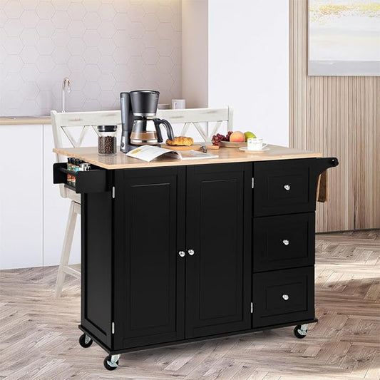 Keukentrolley – Serveerwagen – Keukenwagen – Opbergtrolley – Keukenrek – Met Wieltjes – Inklapbaar Rubberhouten Werkblad – 3 Verstelbare Planken & 3 Lades