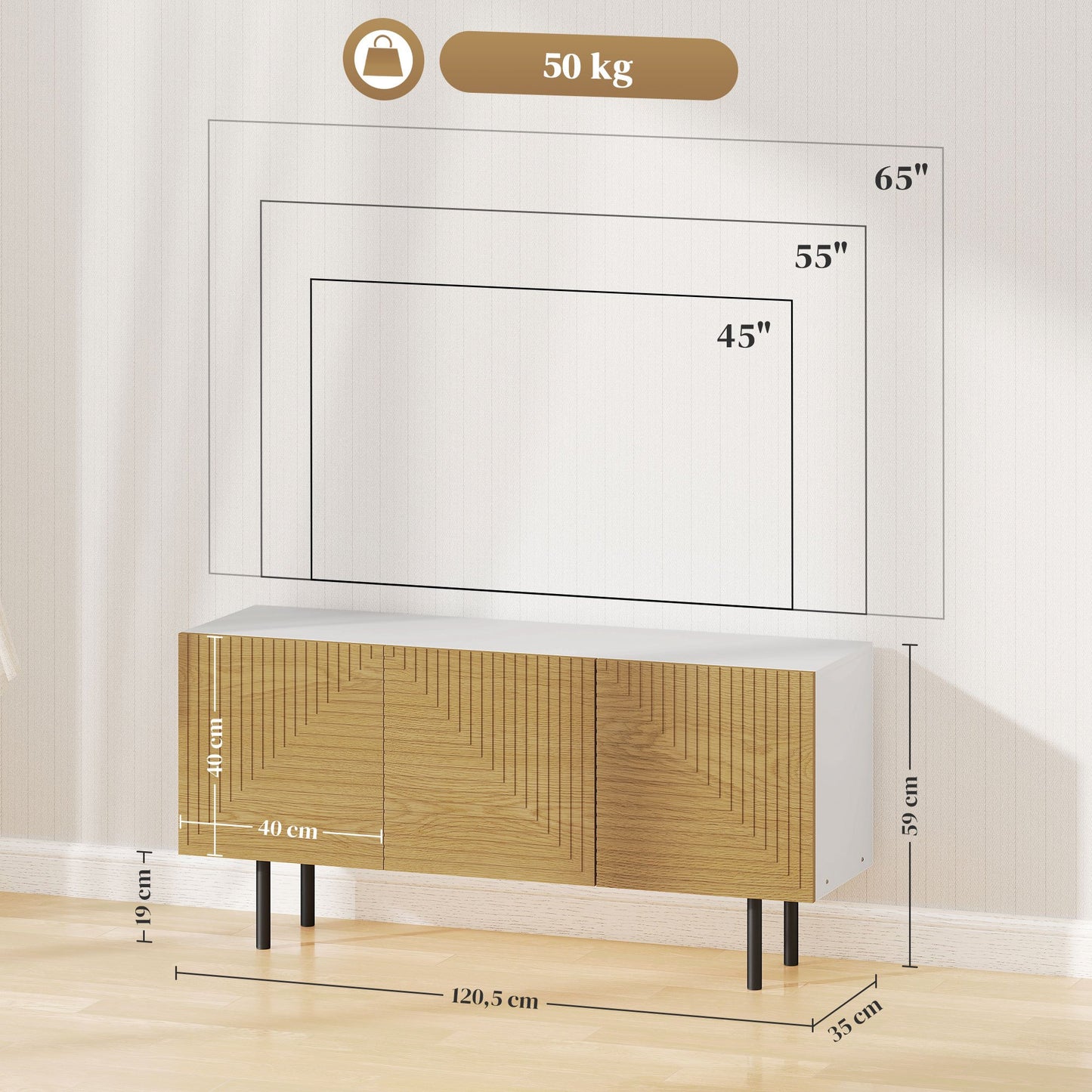 HOMCOM TV Stand Wooden TV Cabinet for Tvs Up to 65 Inches with Cane-Door Cabinets And Cable Pass-Through for Living Room Bedroom, Natural Wood Effect