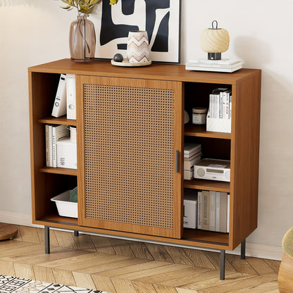 Rustic Modern Sideboard with 2 Sliding Doors, Adjustable Shelves & Drawer Storage - Freestanding Floor Cabinet for Living Room & Dining Room, 100x90x37cm