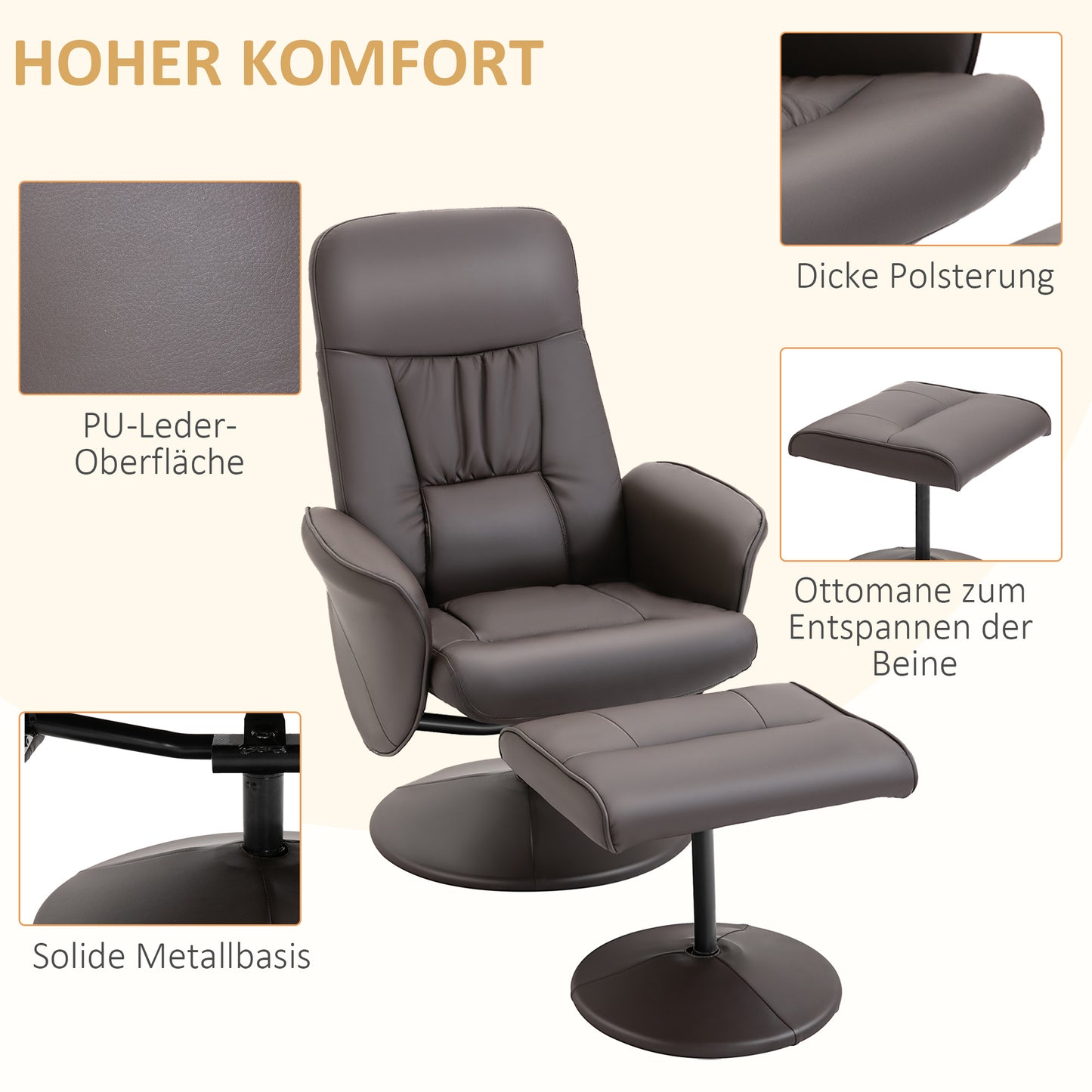 2pcs Armchair Set, Armchair with Footstool, Recliner with Footstool, Height-Adjustable, Tilting Backrest, Brown