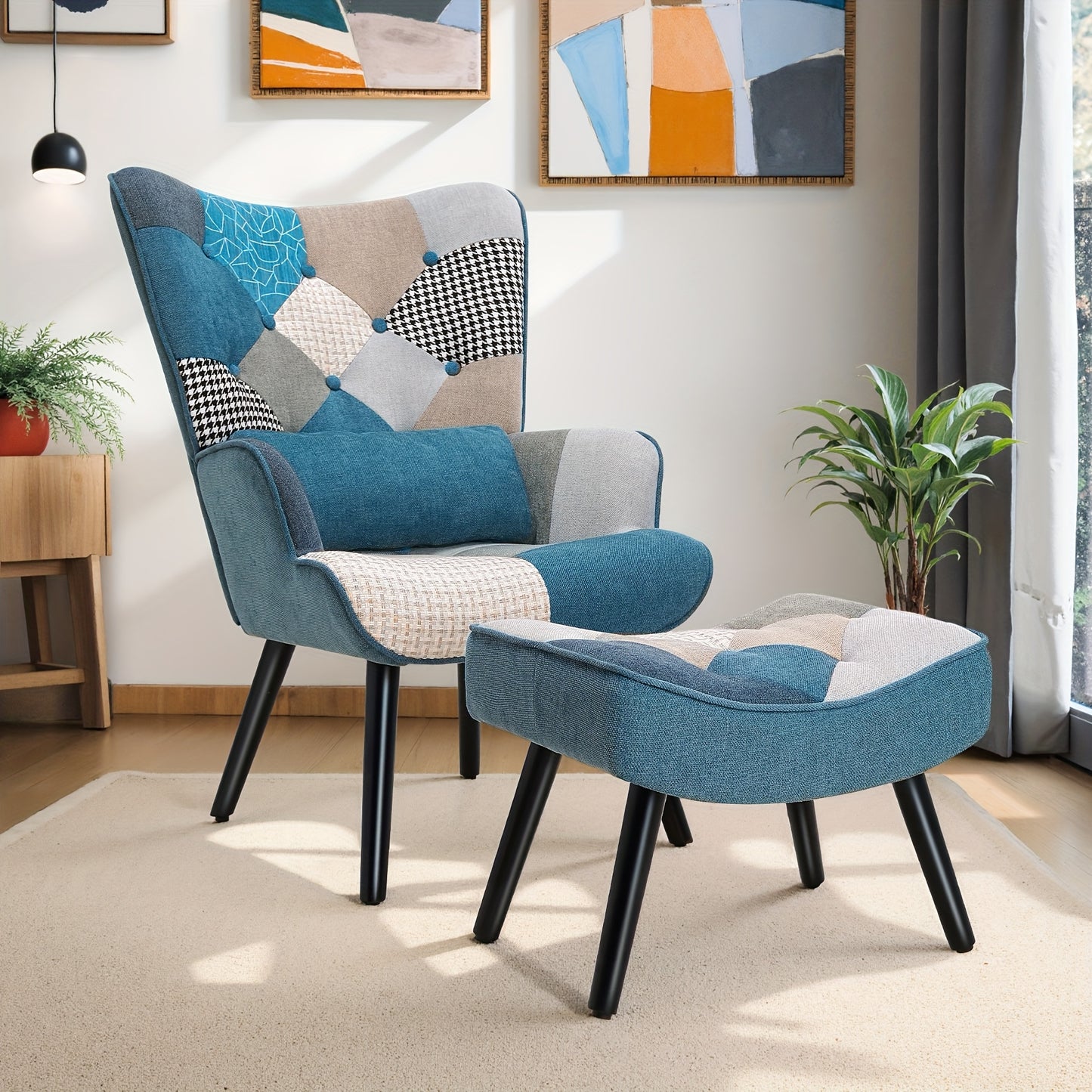 Fauteuil – Stoel – Lounge Chair – Relaxstoel – Blauw Linnen Fauteuil – Ergonomische Rugleuning – Inclusief Voetenbank