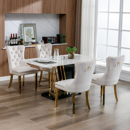 Eetkamerstoel – Stoel – Kuipstoel – Keukenstoel – Bistrostoel – Beige Bekleding – Massief Houten Frame – Luxe Design Met Gouden RVS Poten – Zacht Gewatteerd Zitvlak – Set Van 2