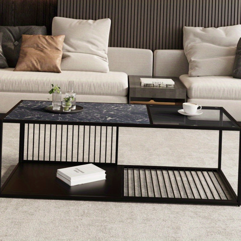 Salontafel – Koffietafel – Bijzettafel – Woonkamertafel – Tafel – Zwart – Metaal en Glas – Robuust Met Extra Opbergruimte