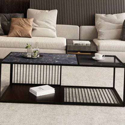 Salontafel – Koffietafel – Bijzettafel – Woonkamertafel – Tafel – Zwart – Metaal en Glas – Robuust Met Extra Opbergruimte