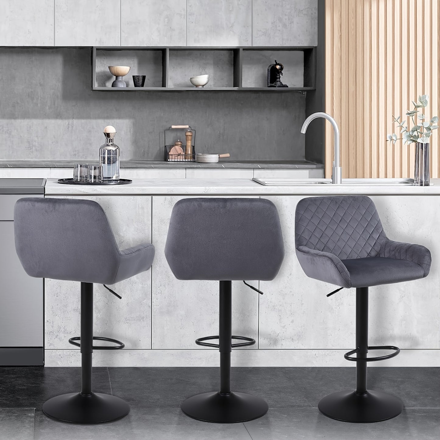 Bar Stools Set Of 2/4, Height Adjustable Swivel Bar Stools, Made Of Imitation Velvet Fabric, Dining Stools with Backrest And Armrests, Suitable for Bars, Kitchens And Gardens, Black Gray Brown, Kitchen Bar Stools, Bar Stools