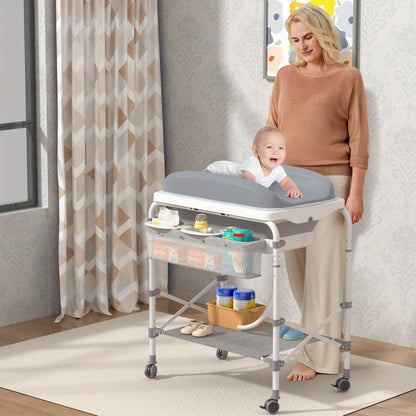 Babycommode Grijs – Verschoontafel – Waskom – Mobiele Commode – 2-in-1 Babymeubel – Inklapbaar Badje – 4 Zwenkwielen – Max Belastbaarheid 50 kg