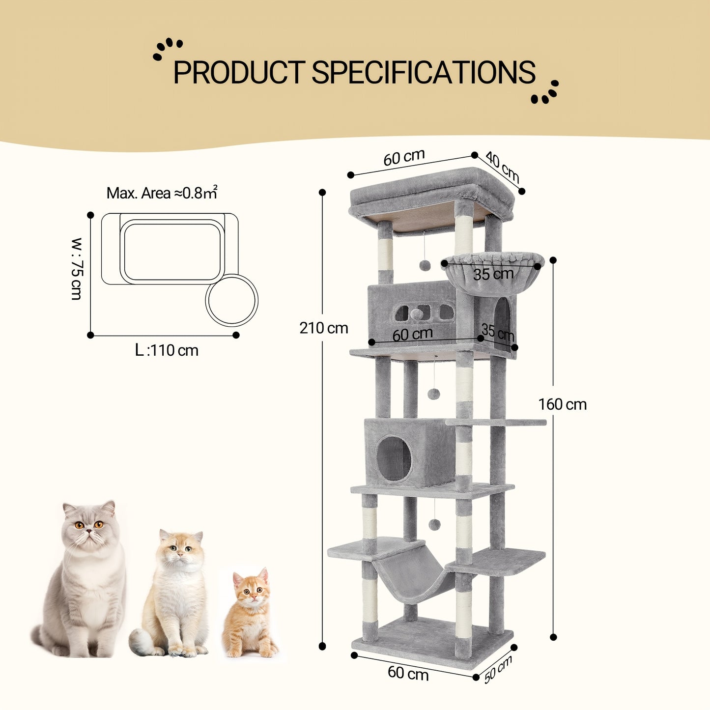 Kattenboom – Krabpaal – Klimpaal – Kattenhuis – Krabmeubel – 210 cm Hoog – 8 Sisal Krabpalen – Lichtgrijs – Met Hangmat en Wasbaar Platform