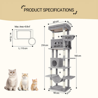 Kattenboom – Krabpaal – Klimpaal – Kattenhuis – Krabmeubel – 210 cm Hoog – 8 Sisal Krabpalen – Lichtgrijs – Met Hangmat en Wasbaar Platform