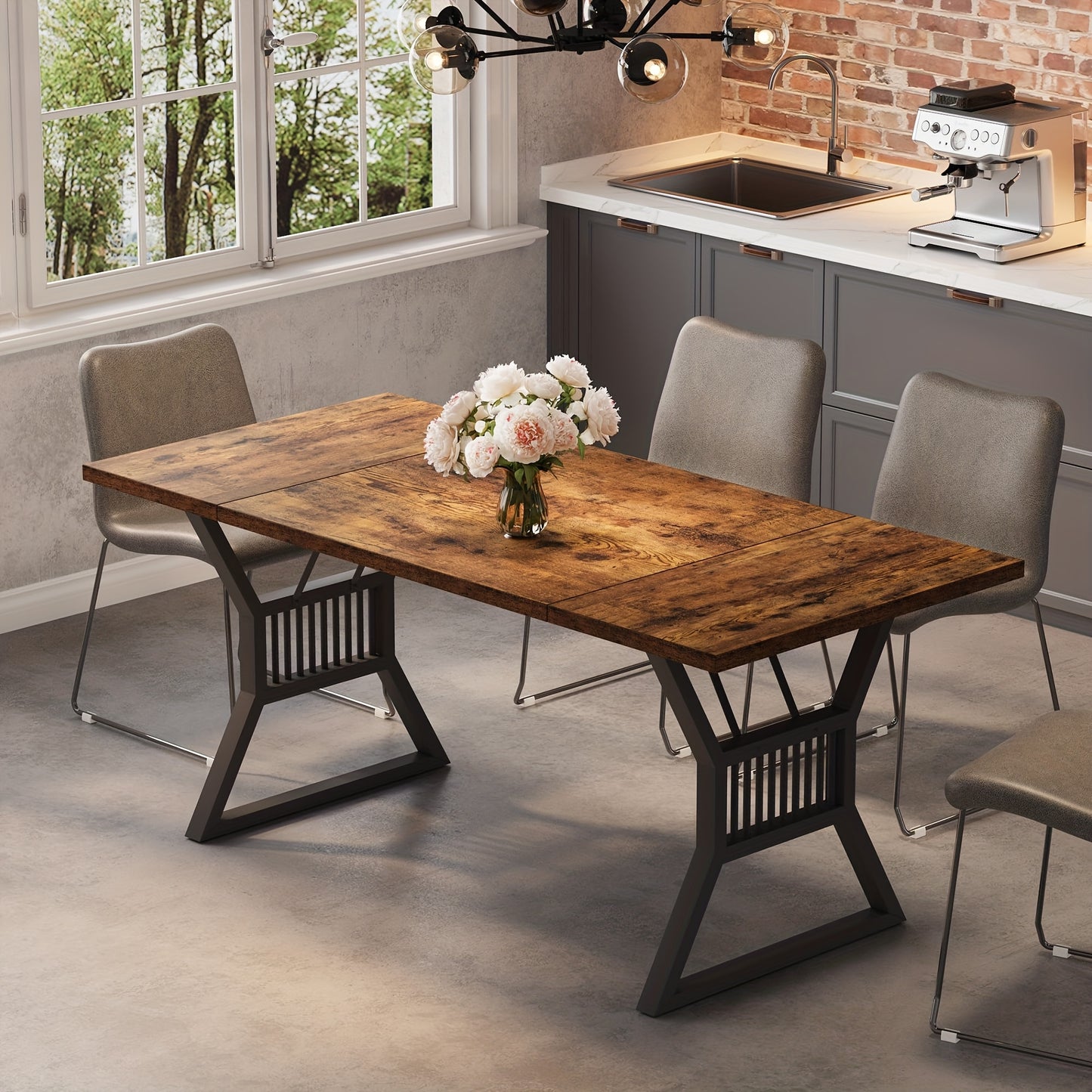 Eettafel – Keukentafel – Tafeltje – Dinertafel – Eetkamertafel – Rechthoekig – 180x75x75 cm – Massief Houten Blad Met Geometrisch Metalen Onderstel