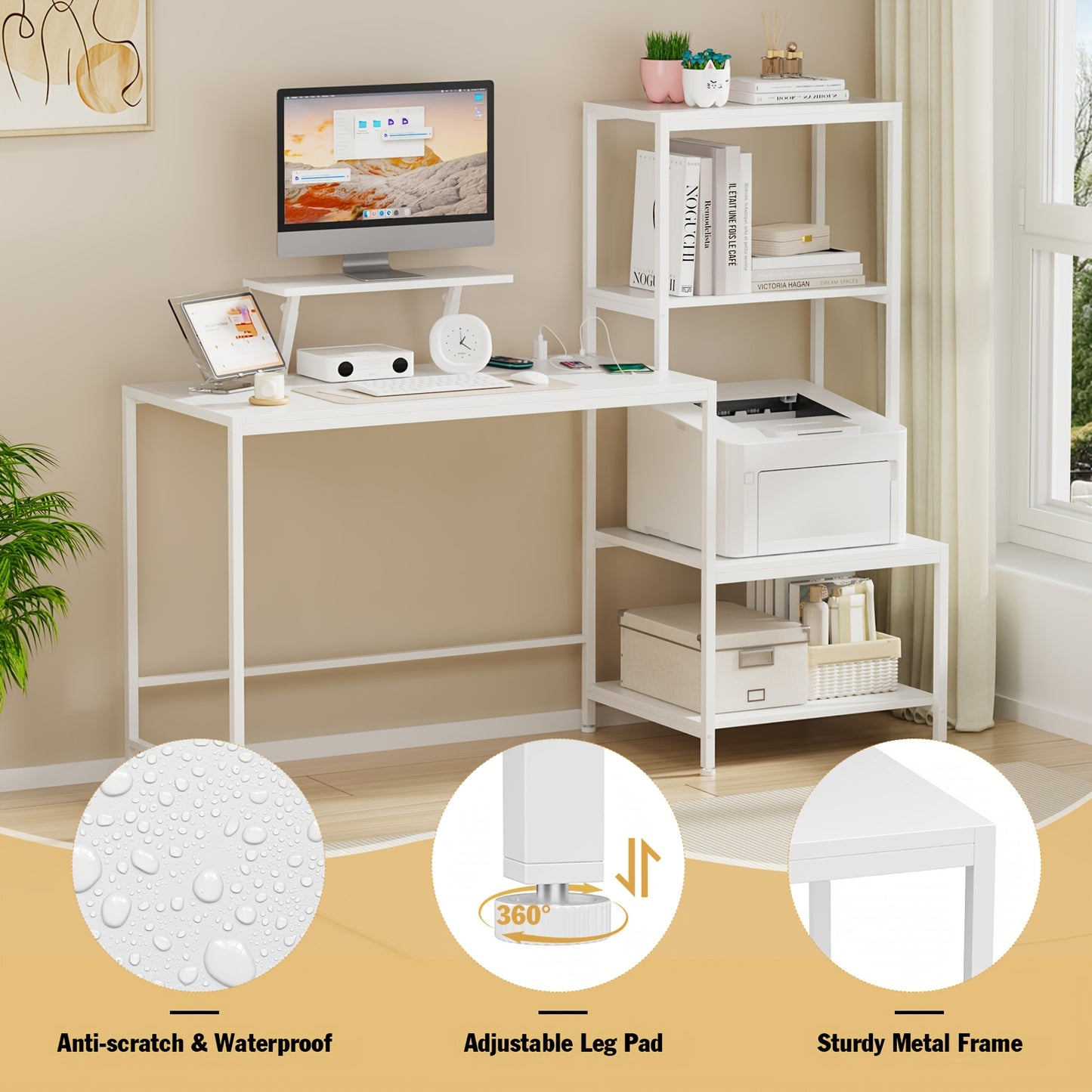 Ergonomic Study Desk With Storage Shelf & Monitor Stand - Solid Wood Desktop + Sturdy Metal Frame, White Space-Saving Design For Home Office/Bedroom/Dorm - Scratch-Resistant & Durable (152x48x75cm)