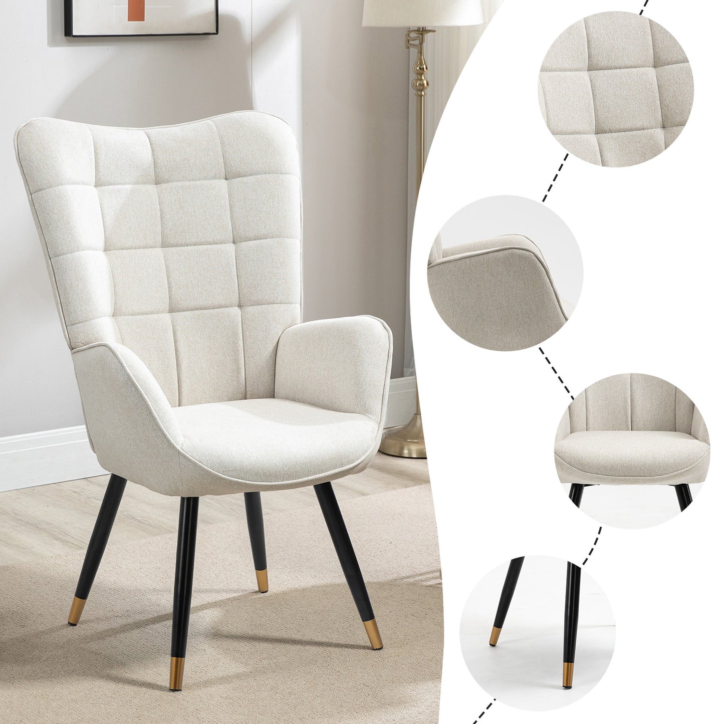 Fauteuil – Loungestoel – Relaxstoel – Nordic Chair – Leesstoel – Beige Stoffering – Zachte Gewatteerde Zitting & Armleuningen – Zwart-Gouden Metalen Poten – 71x66x106 cm
