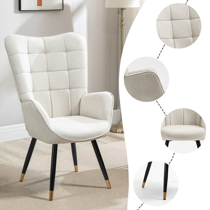 Fauteuil – Loungestoel – Relaxstoel – Nordic Chair – Leesstoel – Beige Stoffering – Zachte Gewatteerde Zitting & Armleuningen – Zwart-Gouden Metalen Poten – 71x66x106 cm