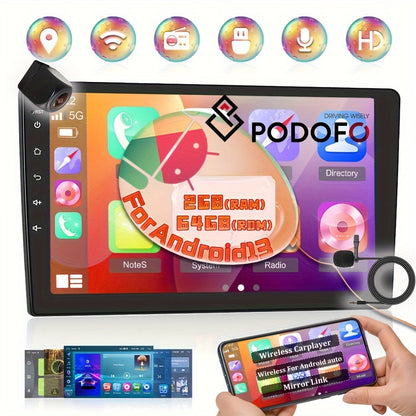 Podofo 2+64GB Android 13 Double Din 25.65 cm Touch Screen Car Stereo with Wireless Carplayer, Android Auto, B-t, GPS, WiFI with AHD Backup Camera, MIC