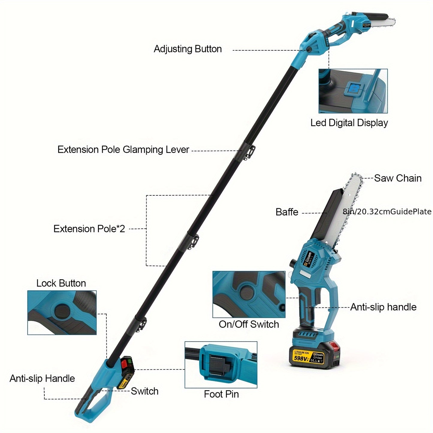 Elektrische Kettingzaag – Snoeizaag – Telescoopzaag – Takkenzaag – Accukettingzaag – 2-in-1 Telescopische Steel 240 cm – Brushless Motor – 4000mAh Oplaadbare Batterij