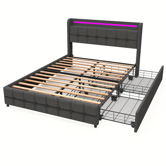 Eenpersoonsbed – Bedframe – Single Bed – Opbergbed – Slaapbank – 90x200 cm – Met 2 Opberglades – Stevige Houten Lattenbodem