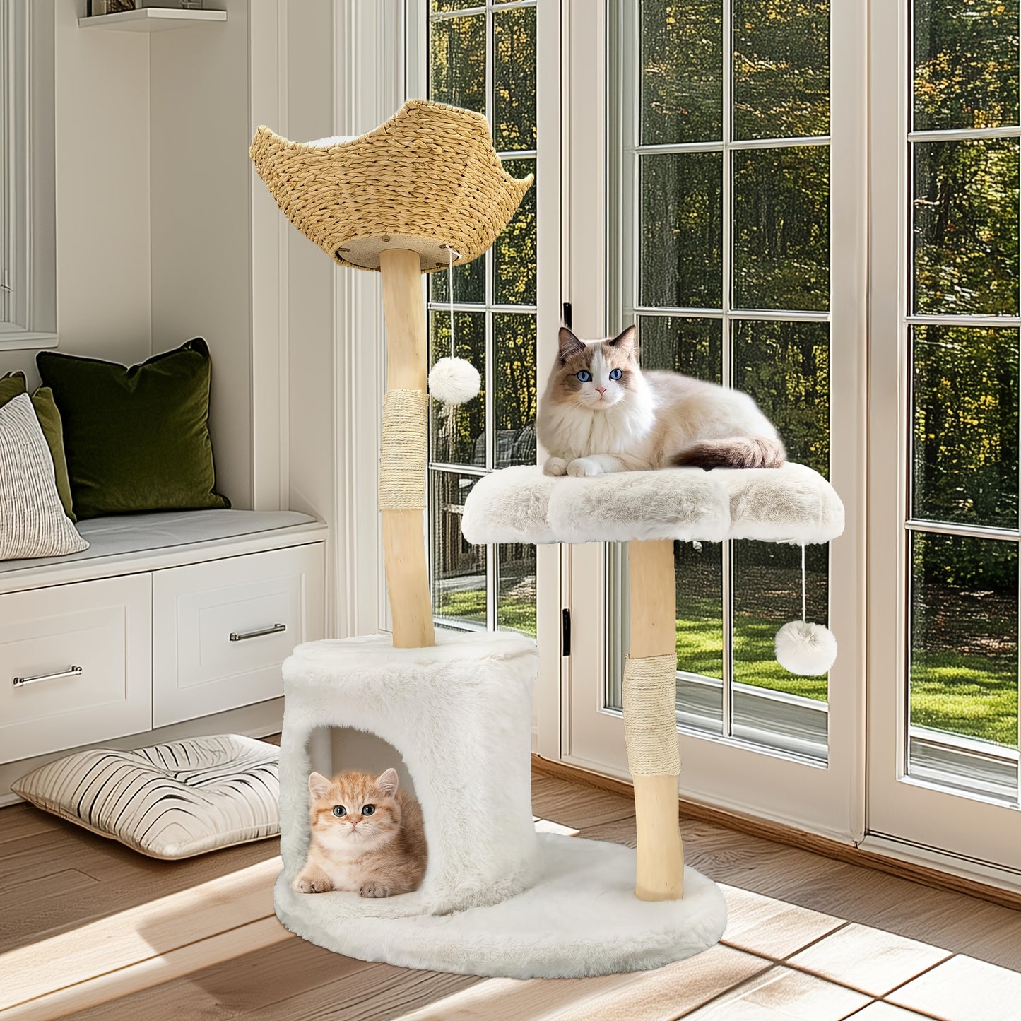Kattenboom – Krabpaal – Klimmeubel – Kattenhuis – Kattenmeubel – 120 cm Hoog – Stevig Wilgenhout Met Natuurlijke Sisal Krabpalen