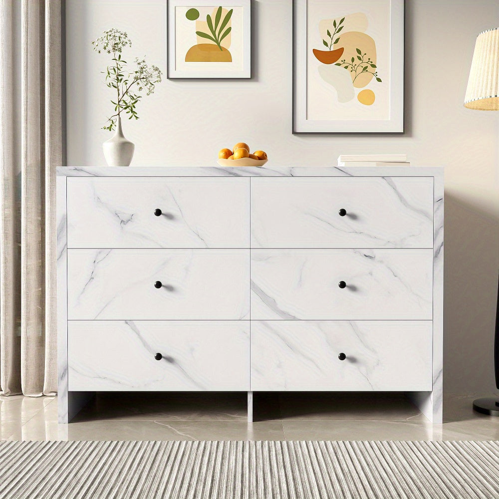 Opbergkast – Kast – Ladenkast – Bergkast – Dressoir – Wit Met Marmerlook – 120 cm Breed – Zes Lades Met Anti-Kantelmechanisme