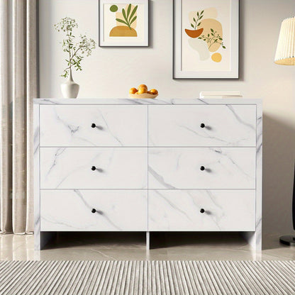 Opbergkast – Kast – Ladenkast – Bergkast – Dressoir – Wit Met Marmerlook – 120 cm Breed – Zes Lades Met Anti-Kantelmechanisme