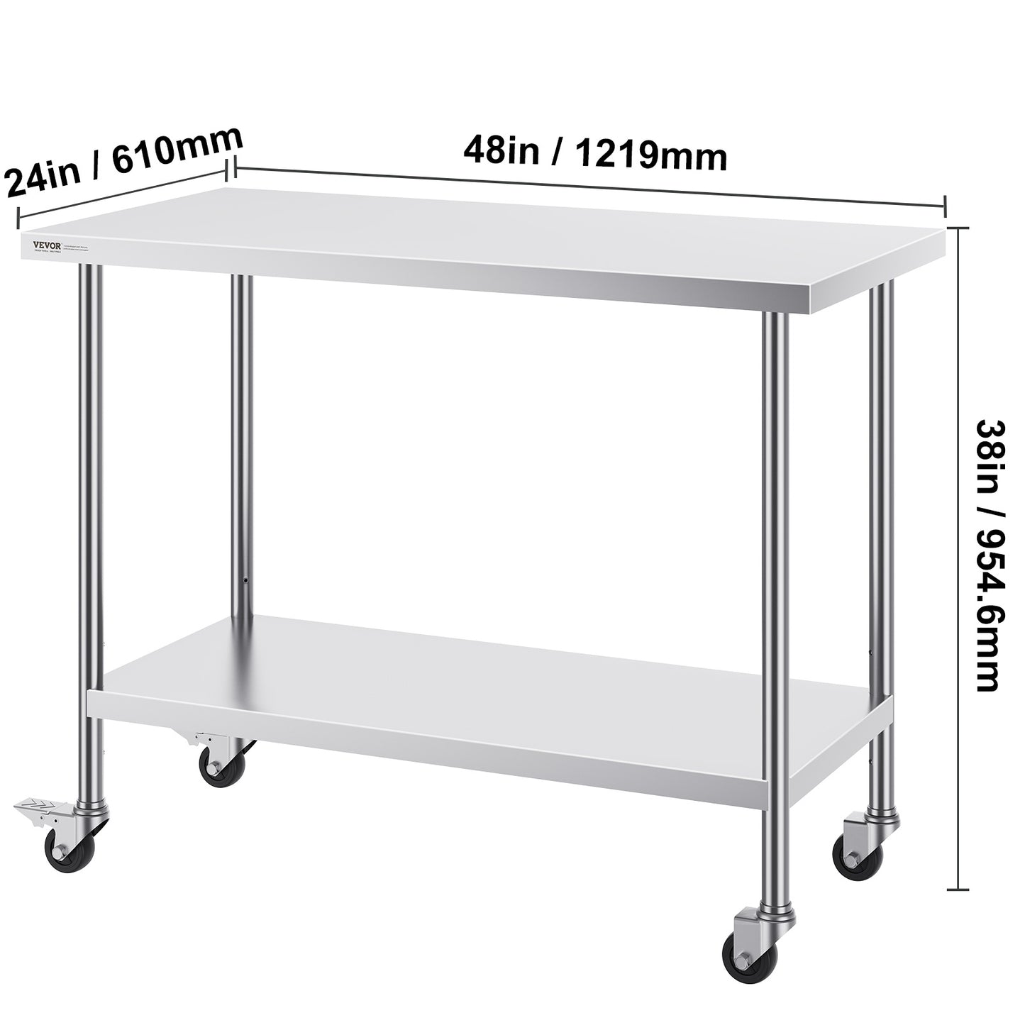 Werktafel – Werkbank – Werkstation – Werkblad – Werkplek – RVS 304 Staal – 122x61x97 cm – Verstelbare Hoogte – Mobiel Met Wielen