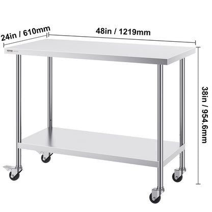 Werktafel – Werkbank – Werkstation – Werkblad – Werkplek – RVS 304 Staal – 122x61x97 cm – Verstelbare Hoogte – Mobiel Met Wielen